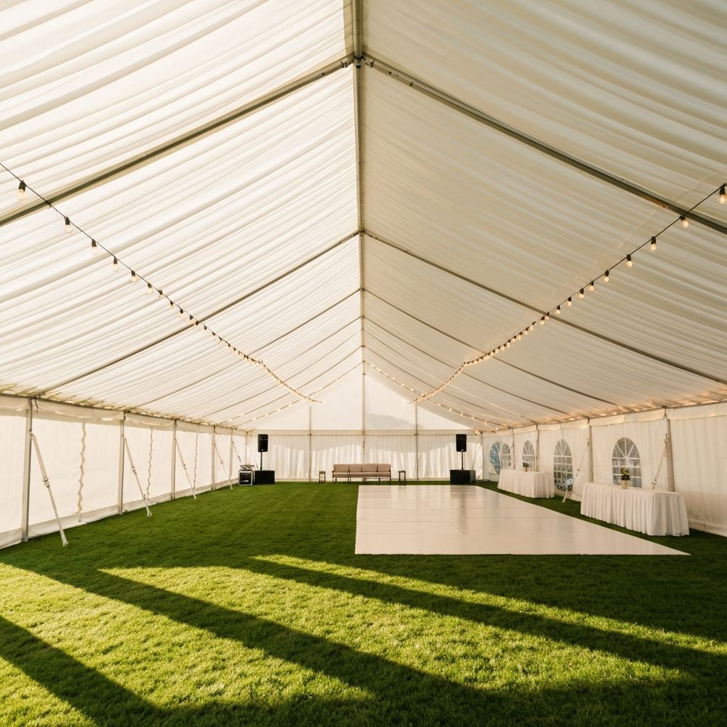 Large white marquee tent set up outdoors for an event
