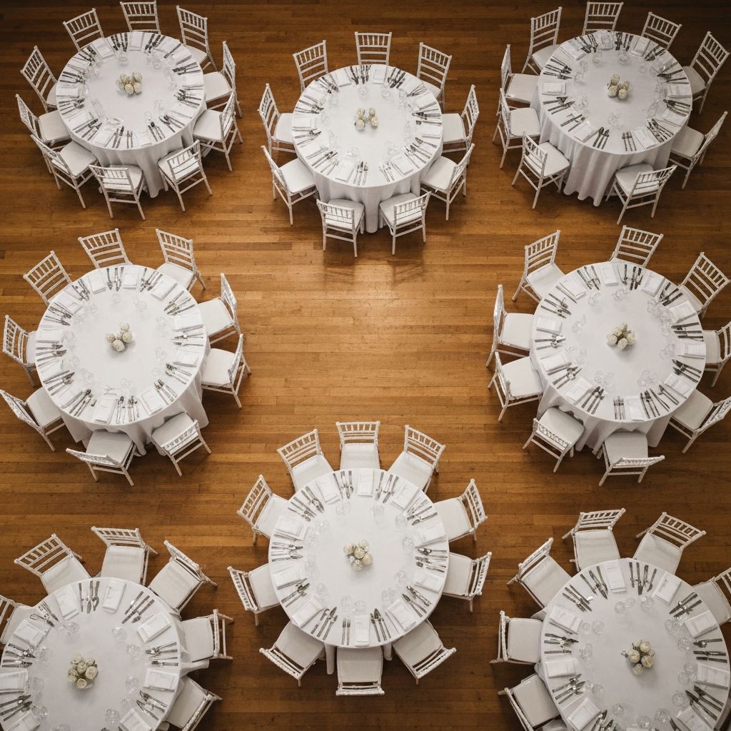 Round white banquet tables neatly arranged for an event